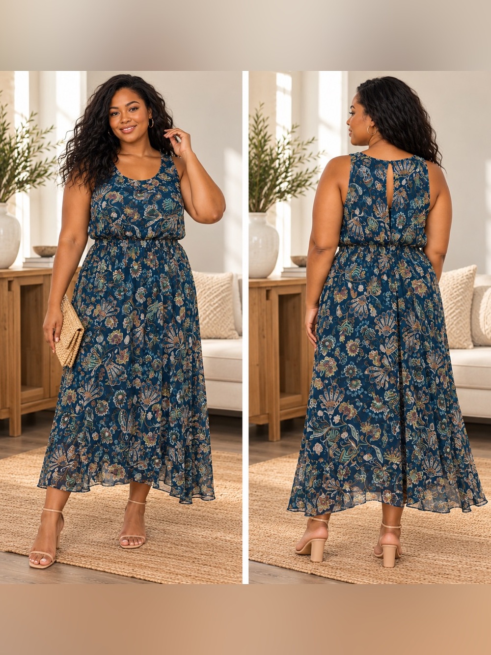 NWT Lara G Made in Italy Silk Blend Paisley Maxi Dress Navy XL